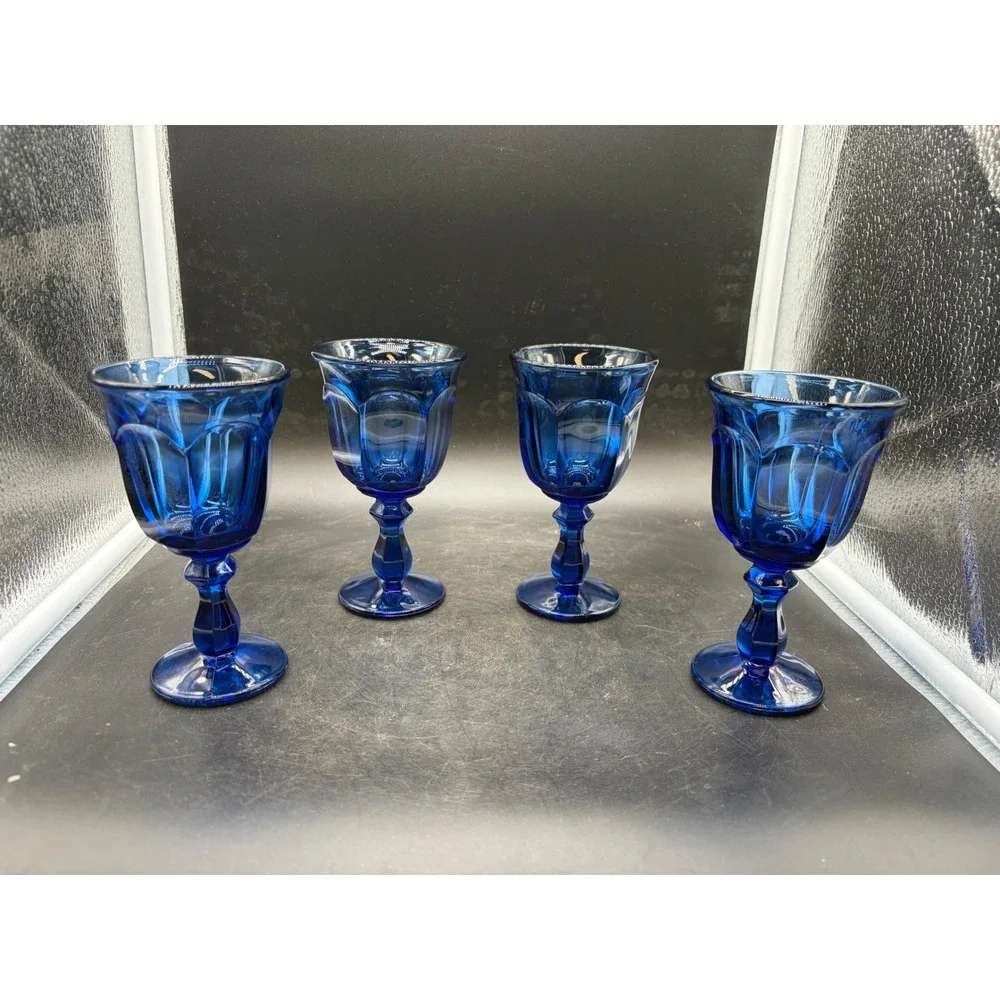 Vintage Cobalt Blue Glass Goblets Set of 4 Paneled Water Wine Glasses 5.5 inch